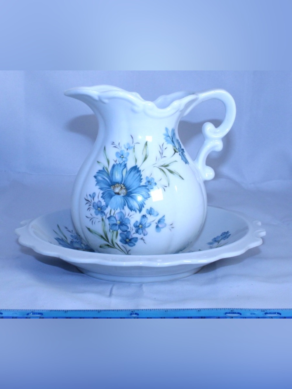 MCM Inarco Japan Fine China Blue Cornflower Porcelain Pitcher and Basin Wash Set